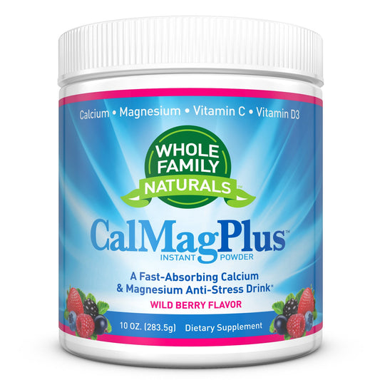 Whole Family Naturals CalMag Plus powder tub supports daily mineral balance in a convenient drink