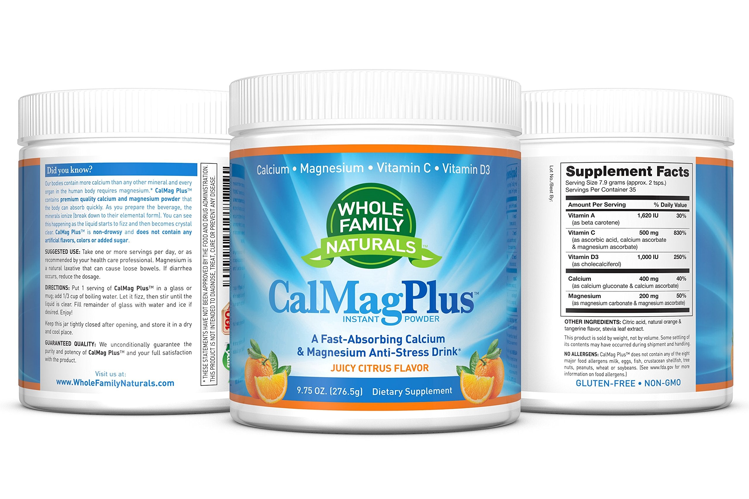Gluten-free and non-GMO badge on CalMag Plus packaging