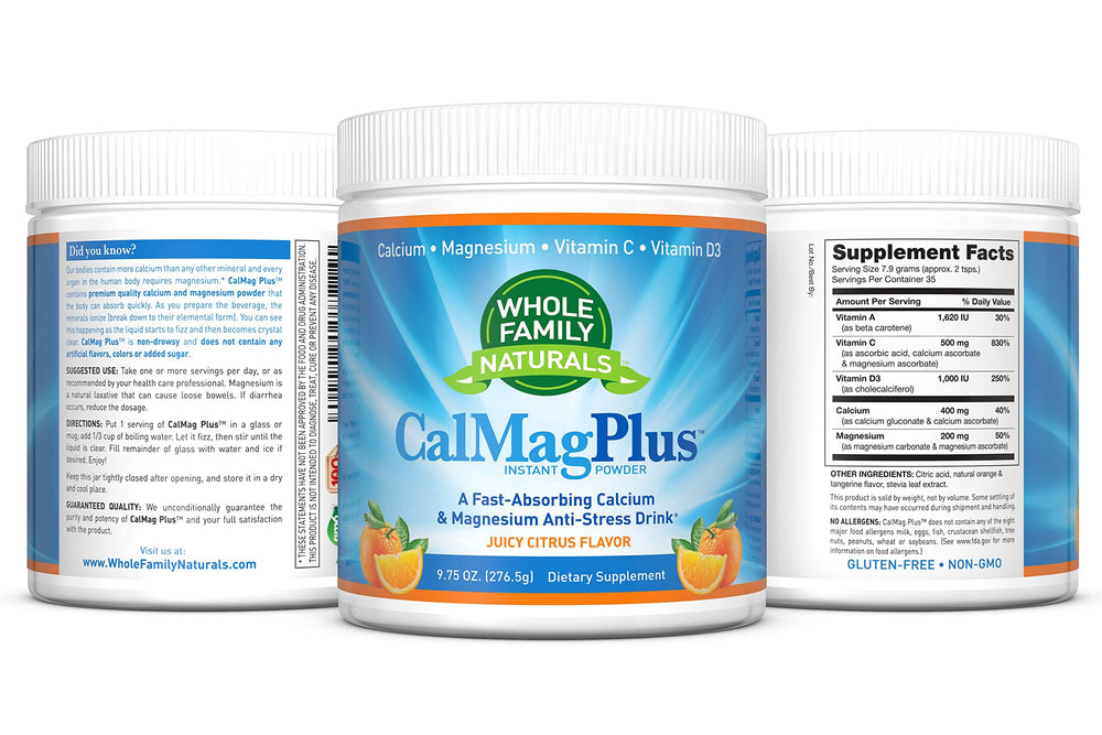 Gluten-free and non-GMO badge on CalMag Plus packaging