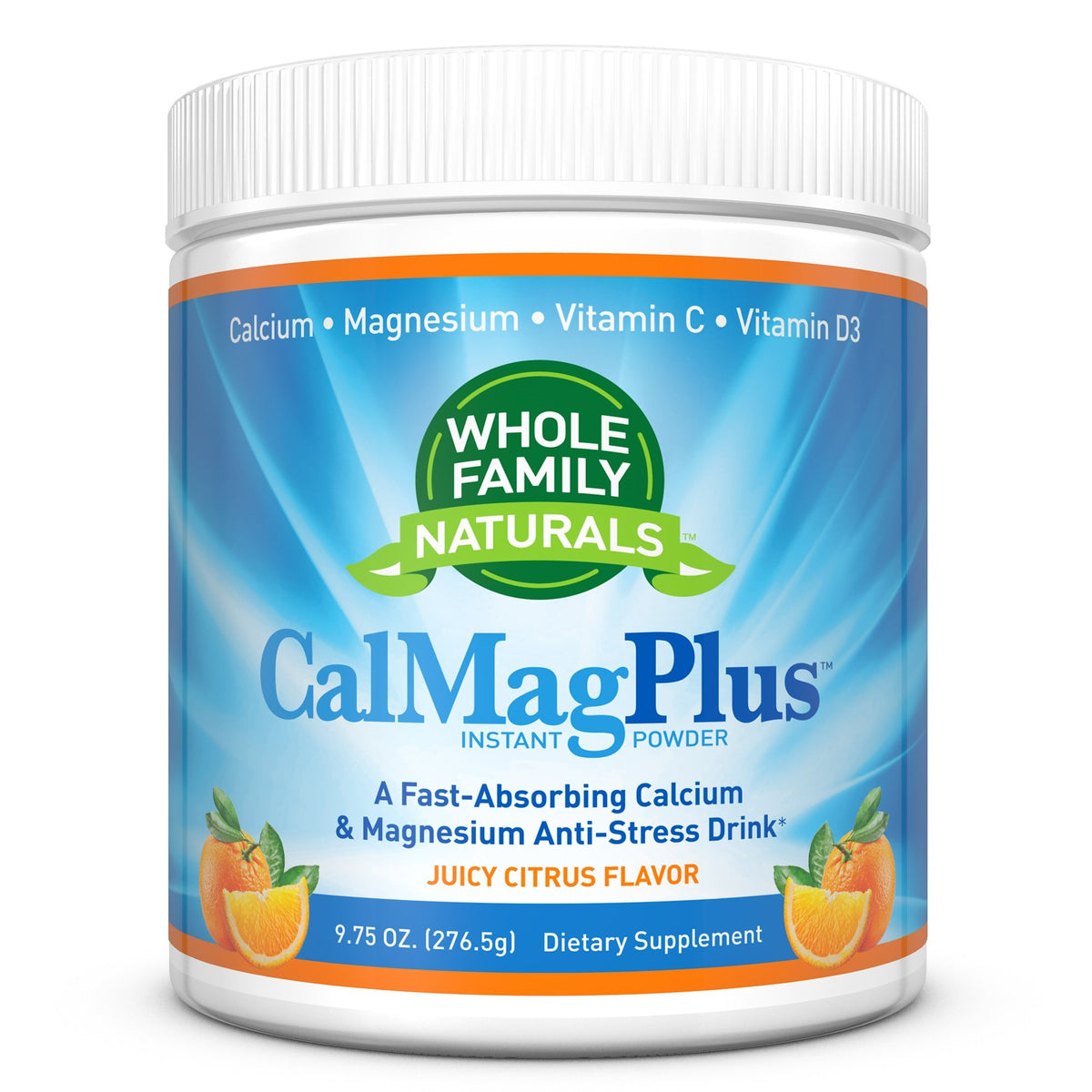 Whole Family Naturals CalMag Plus orange-tangerine powder jar for daily mineral intake