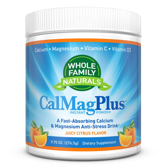Whole Family Naturals CalMag Plus orange-tangerine powder jar for daily mineral intake