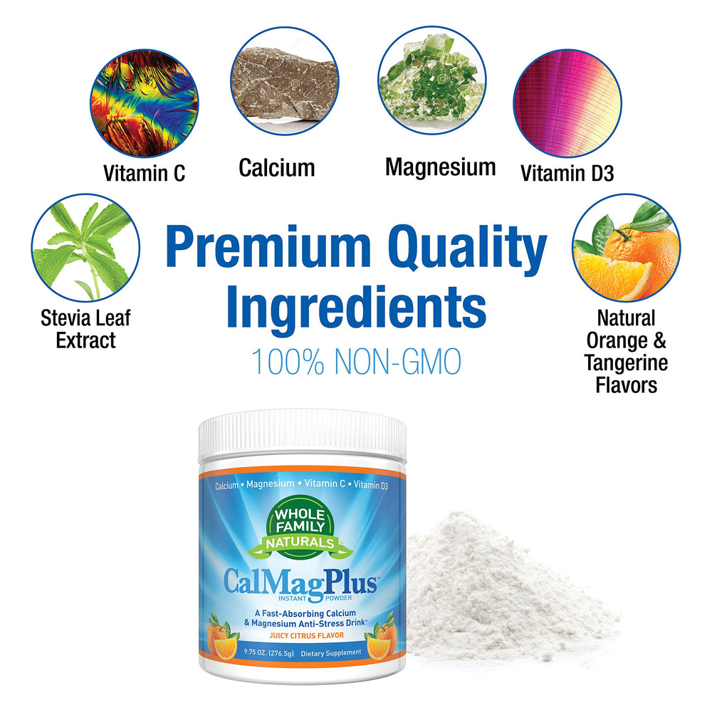 CalMag Plus powder with scoop beside jar for easy measurement