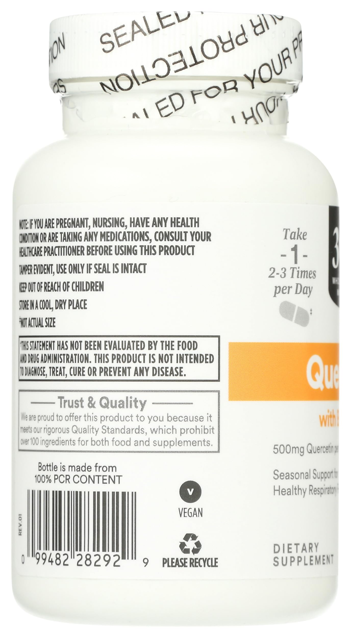 Label detail focusing on 100 count capsules for convenient daily dosing