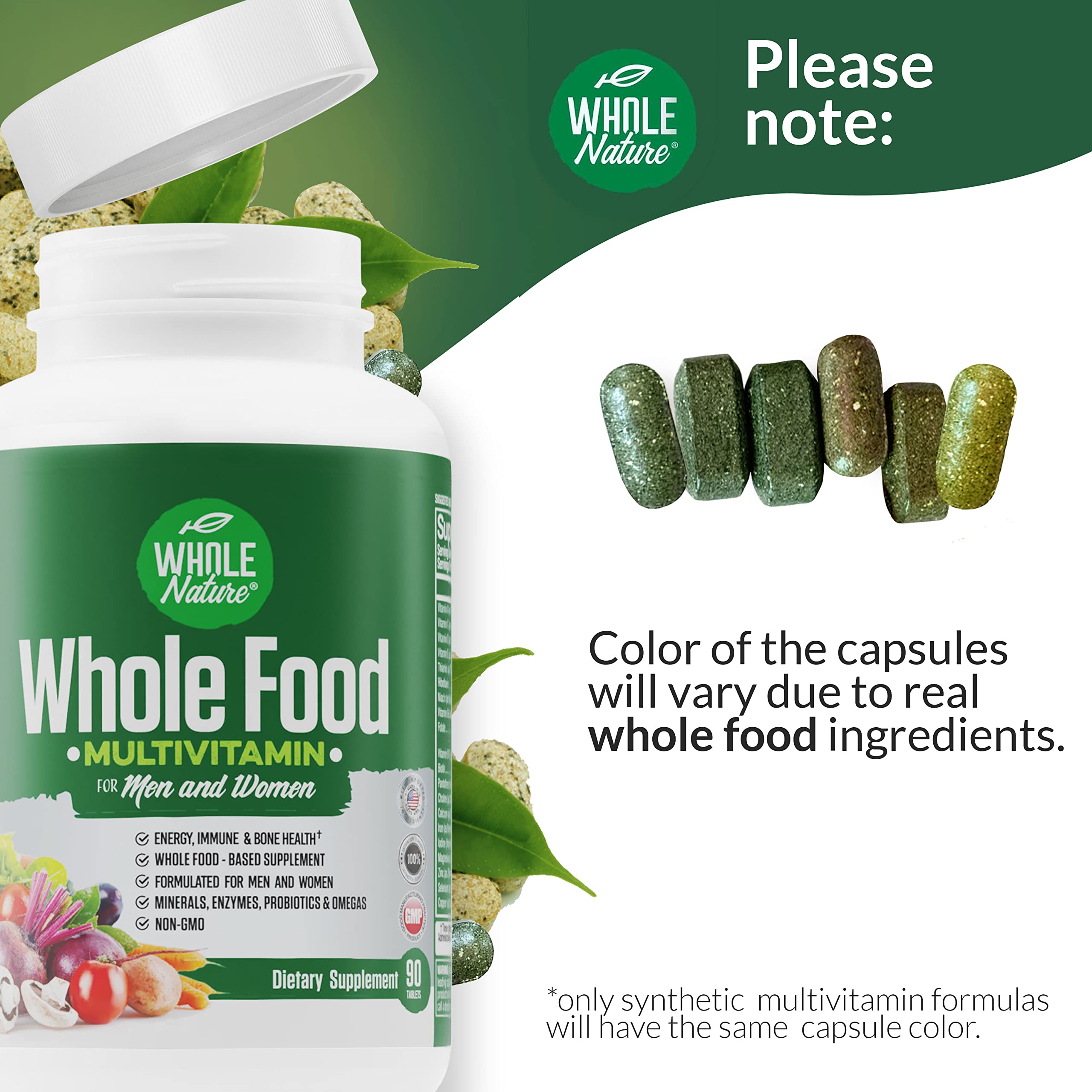 Whole Nature greens blend image emphasizes plant based nutrition.