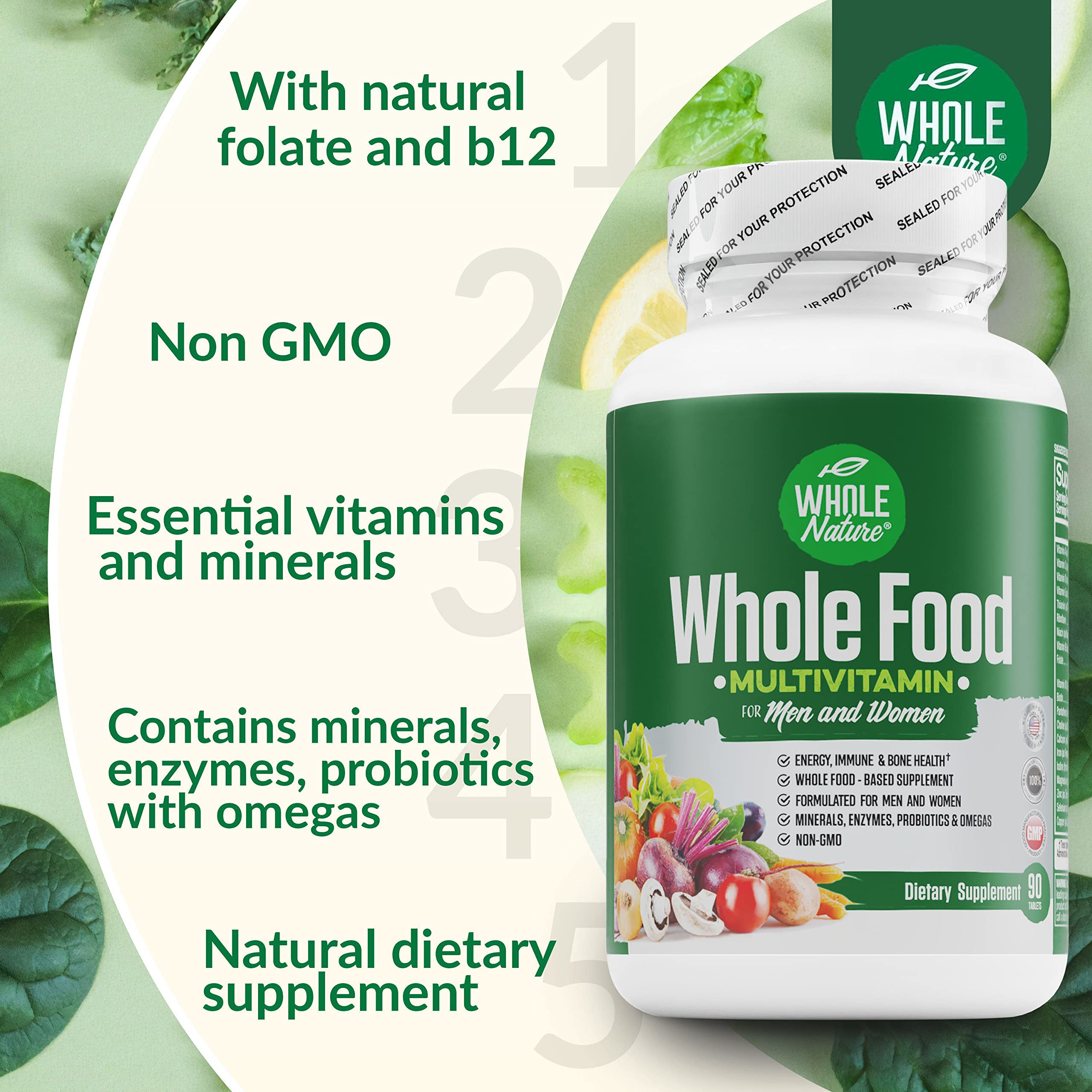 Whole Nature multivitamin tablets close up showing daily dose.
