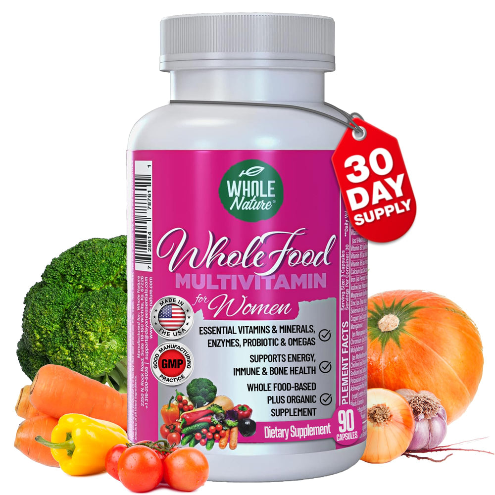 Whole Nature Women's Multi bottle cap close-up showing easy-to-swallow capsules for daily use.