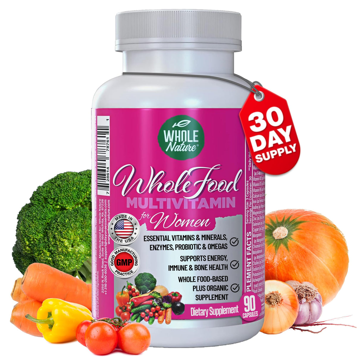 Whole Nature Women's Multi bottle cap close-up showing easy-to-swallow capsules for daily use.