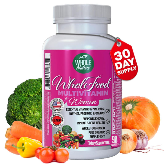 Whole Nature Women's Multi bottle cap close-up showing easy-to-swallow capsules for daily use.