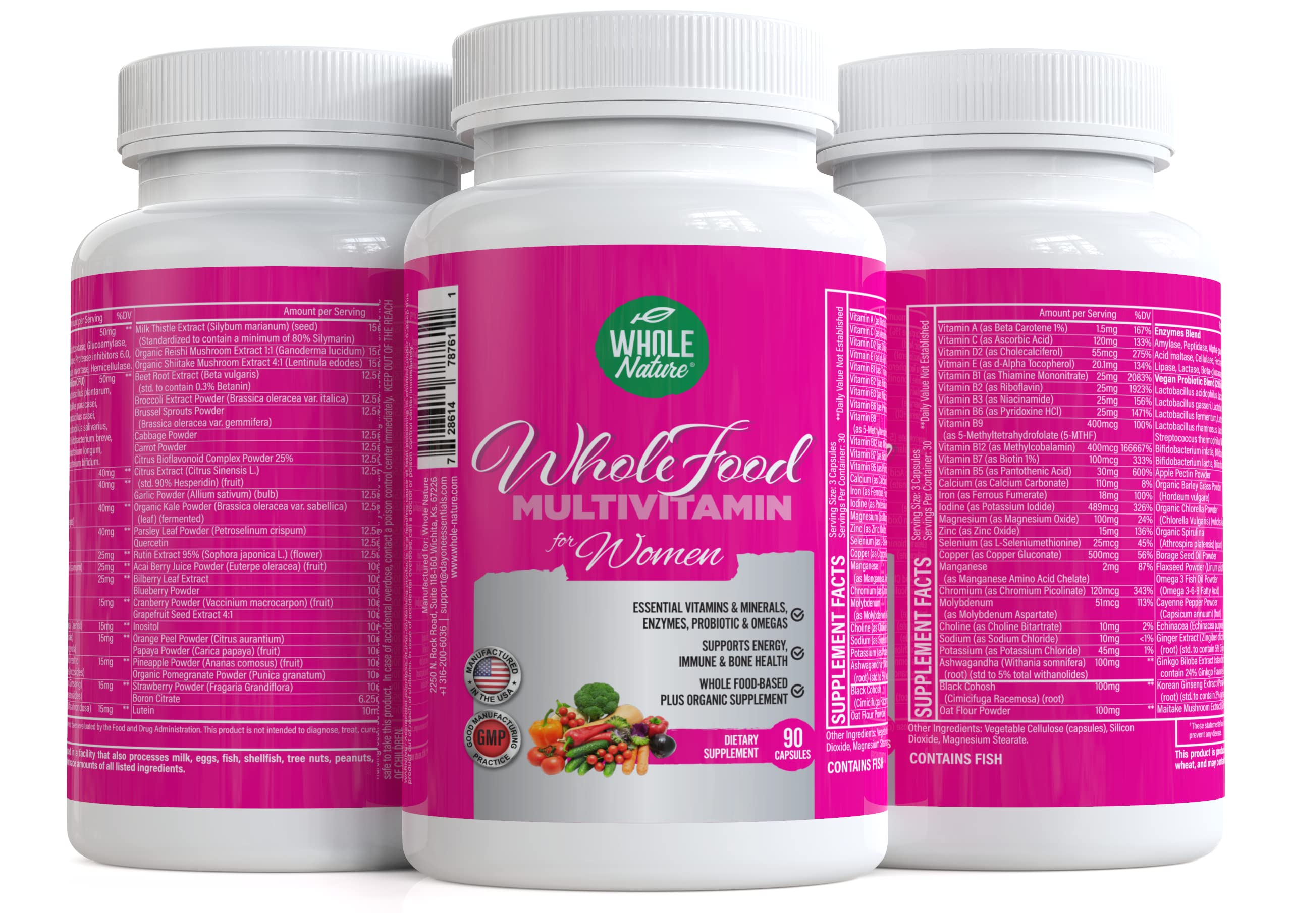 Whole Nature Women's Multi bottle beside glass suggesting prenatal-style nutrition.