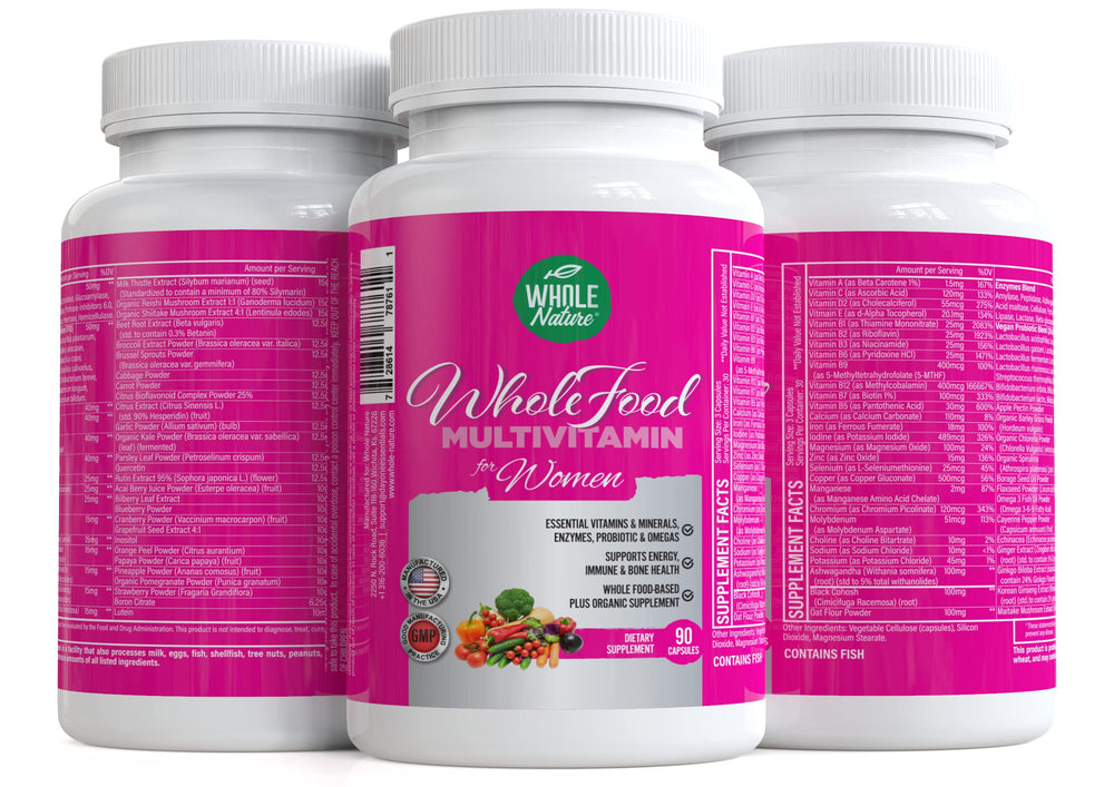 Whole Nature Women's Multi bottle beside glass suggesting prenatal-style nutrition.