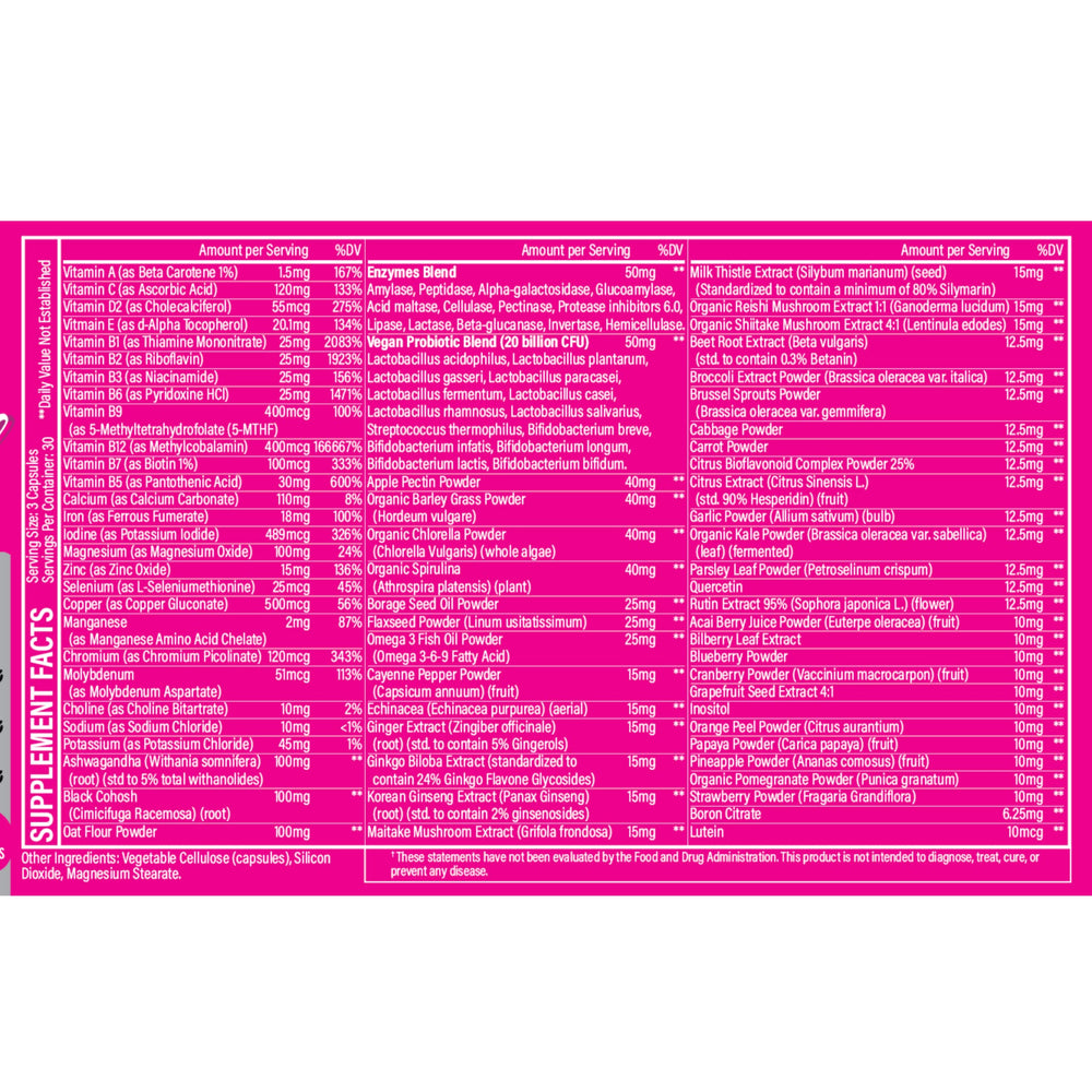 Whole Nature Women's Multi ingredients on label show vitamins and minerals.