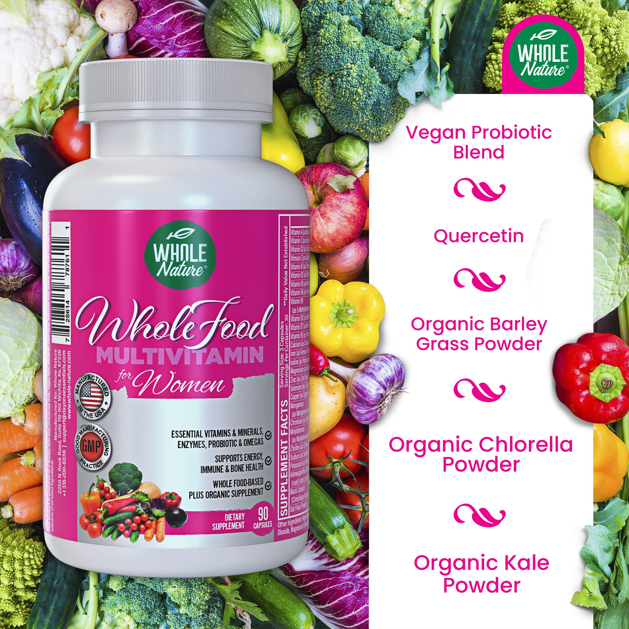 Whole Nature Women's Multi probiotic blend detail highlighting gut-friendly ingredients.