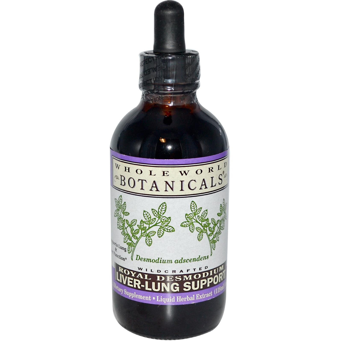 Whole World Botanicals Liver Lung Support Royal Desmodium bottle showing branding, may support liver enzymes and bronchial comfort.