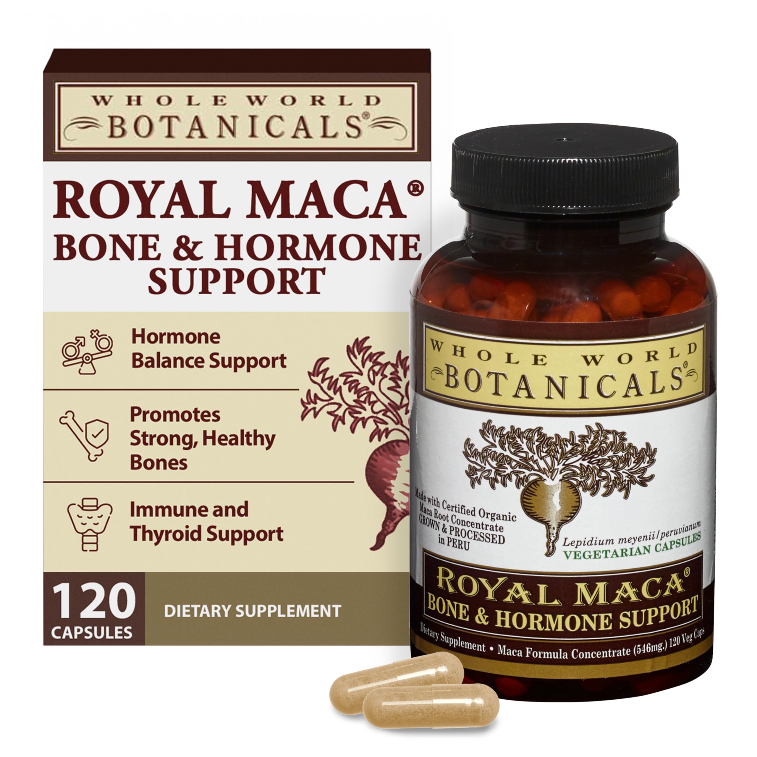 Whole World Botanicals Royal Maca Bone Bottle shows potential hormone support and bone health