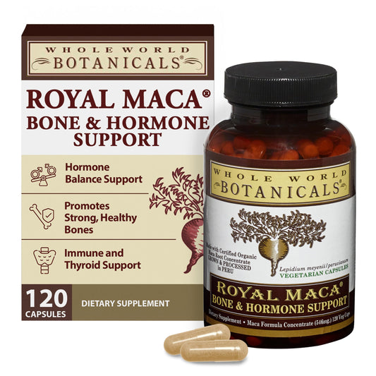 Whole World Botanicals Royal Maca Bone Bottle shows potential hormone support and bone health