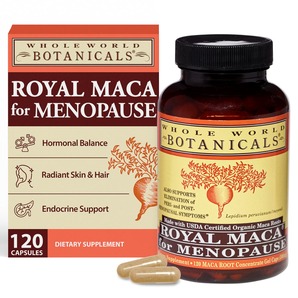Whole World Botanicals Royal Maca bottle on countertop for daily menopausal support