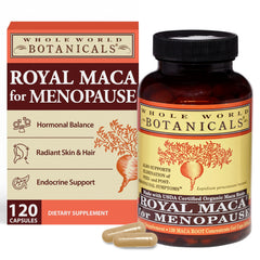 Whole World Botanicals Royal Maca bottle on countertop for daily menopausal support