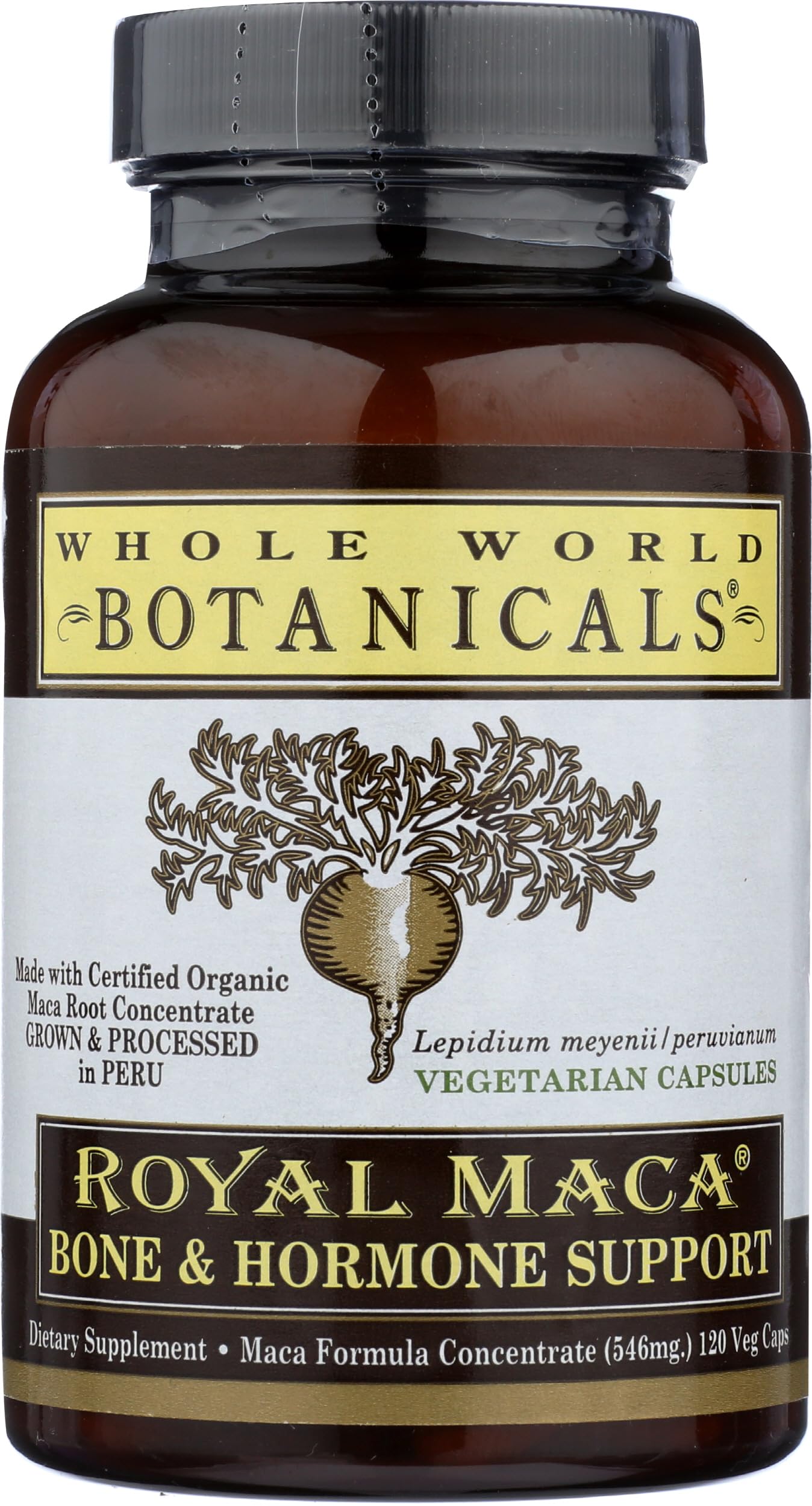Closeup of Whole World Botanicals Royal Maca Label highlighting ingredients