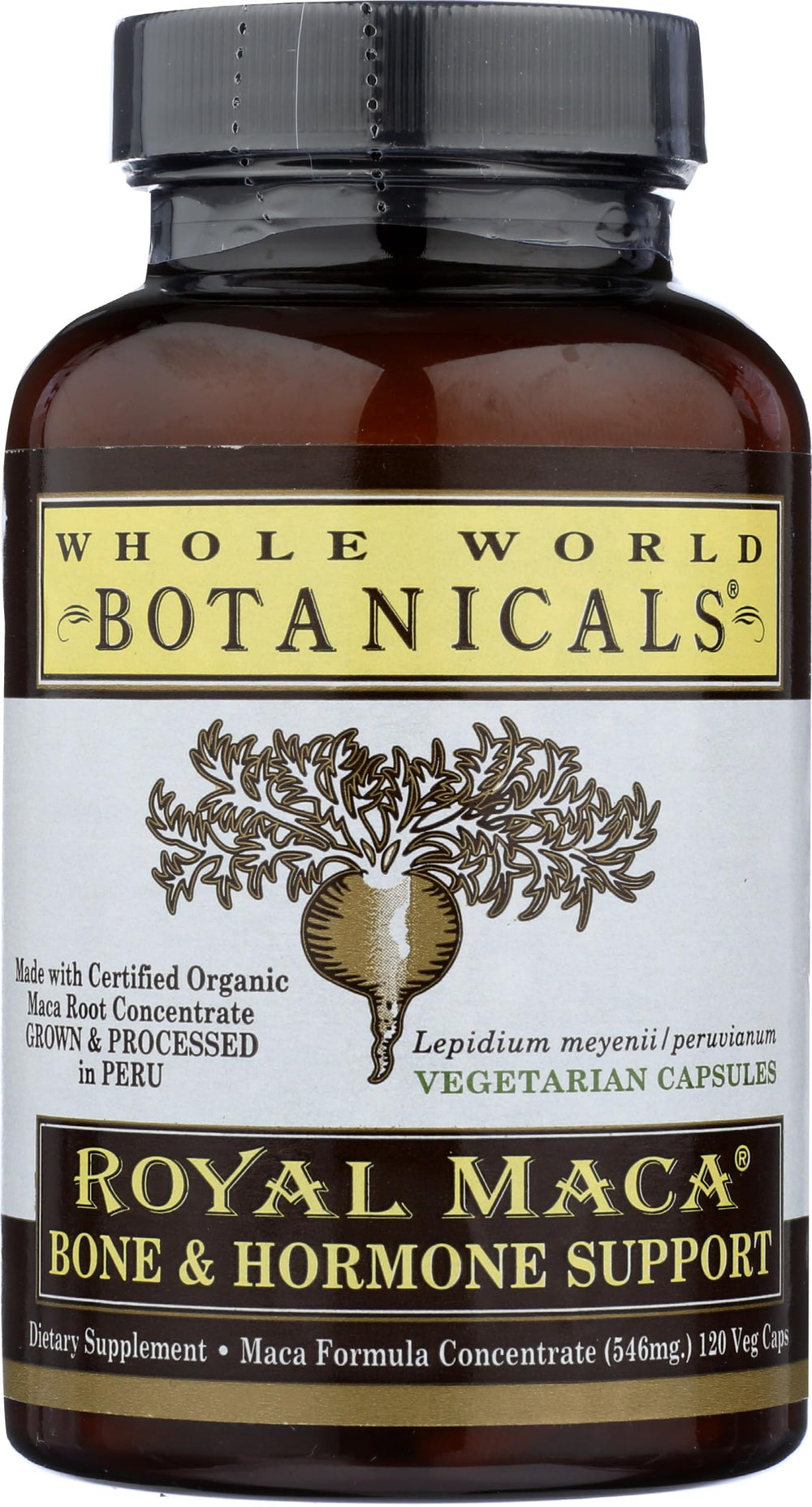 Closeup of Whole World Botanicals Royal Maca Label highlighting ingredients