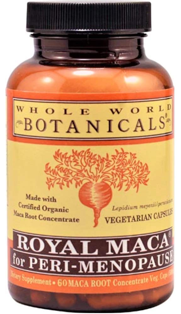 Whole World Botanicals Royal Maca bottle with capsules for peri-menopause support