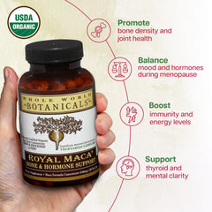 Pouring Royal Maca capsules from Whole World Botanicals for easy daily intake