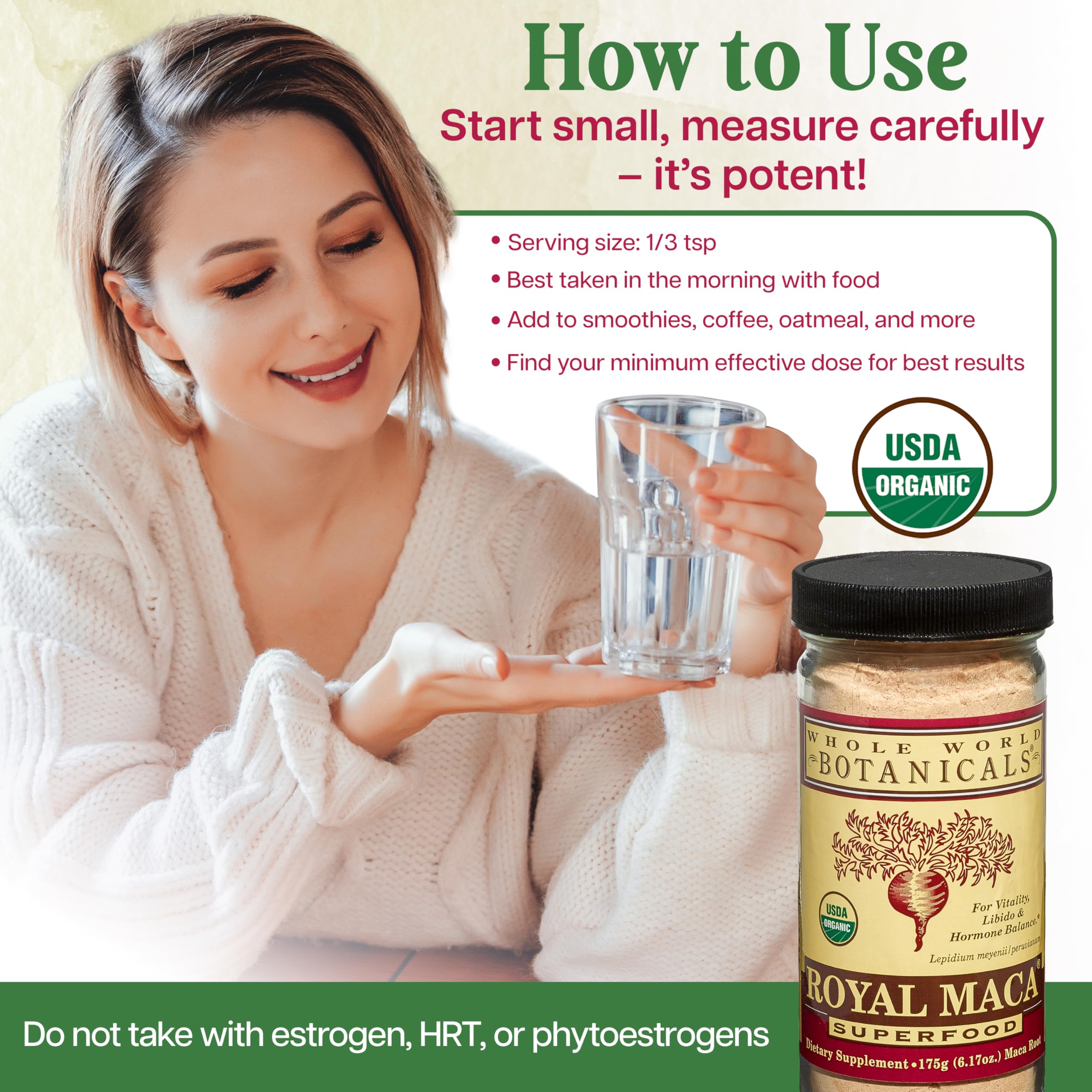 Whole World Botanicals Royal Maca Powder ingredients list indicating quality sourcing.