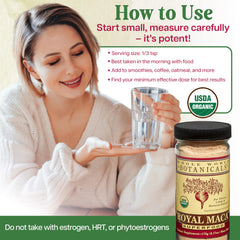 Whole World Botanicals Royal Maca Powder ingredients list indicating quality sourcing.