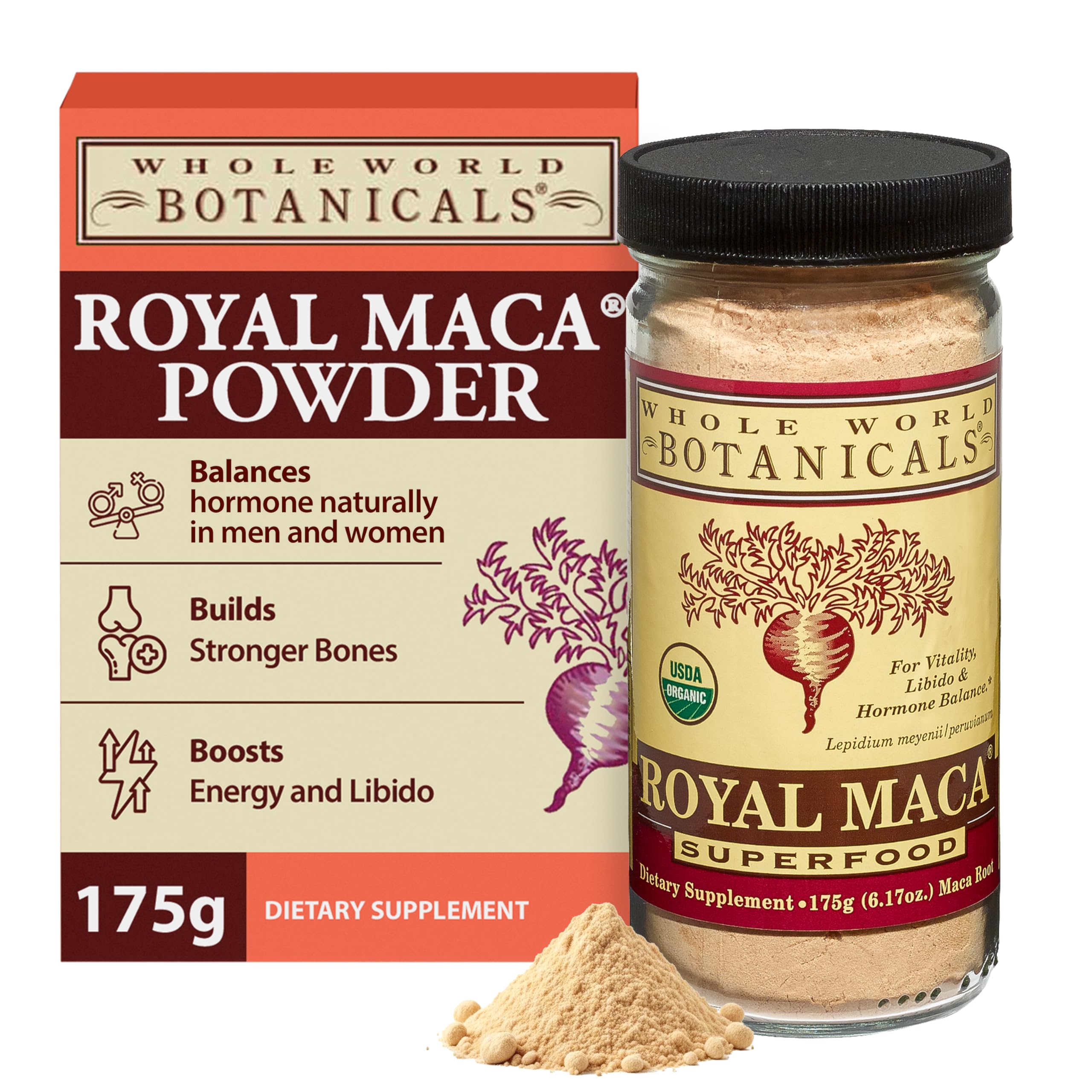 Whole World Botanicals Royal Maca Powder jar front for easy daily supplementation.