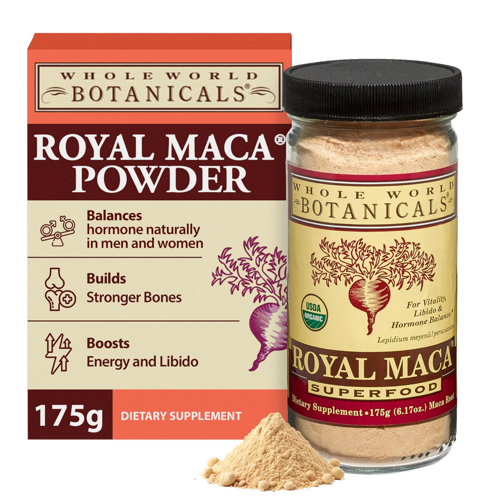 Whole World Botanicals Royal Maca Powder jar front for easy daily supplementation.