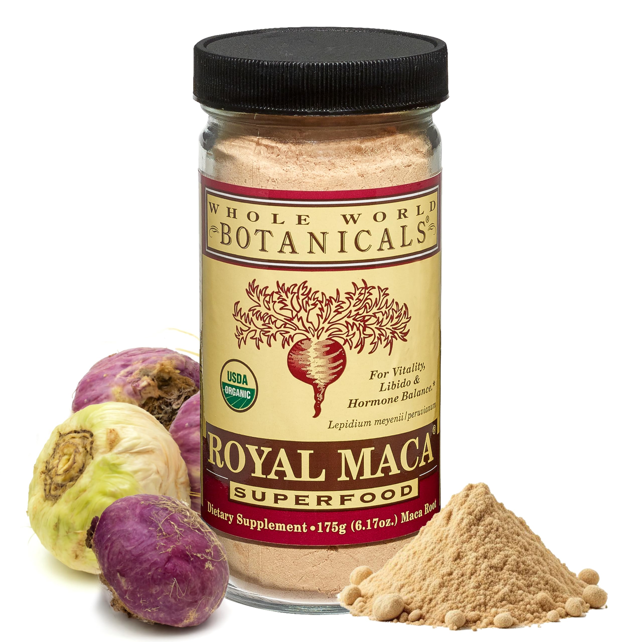Whole World Botanicals Royal Maca Powder label close-up highlighting clean ingredients.