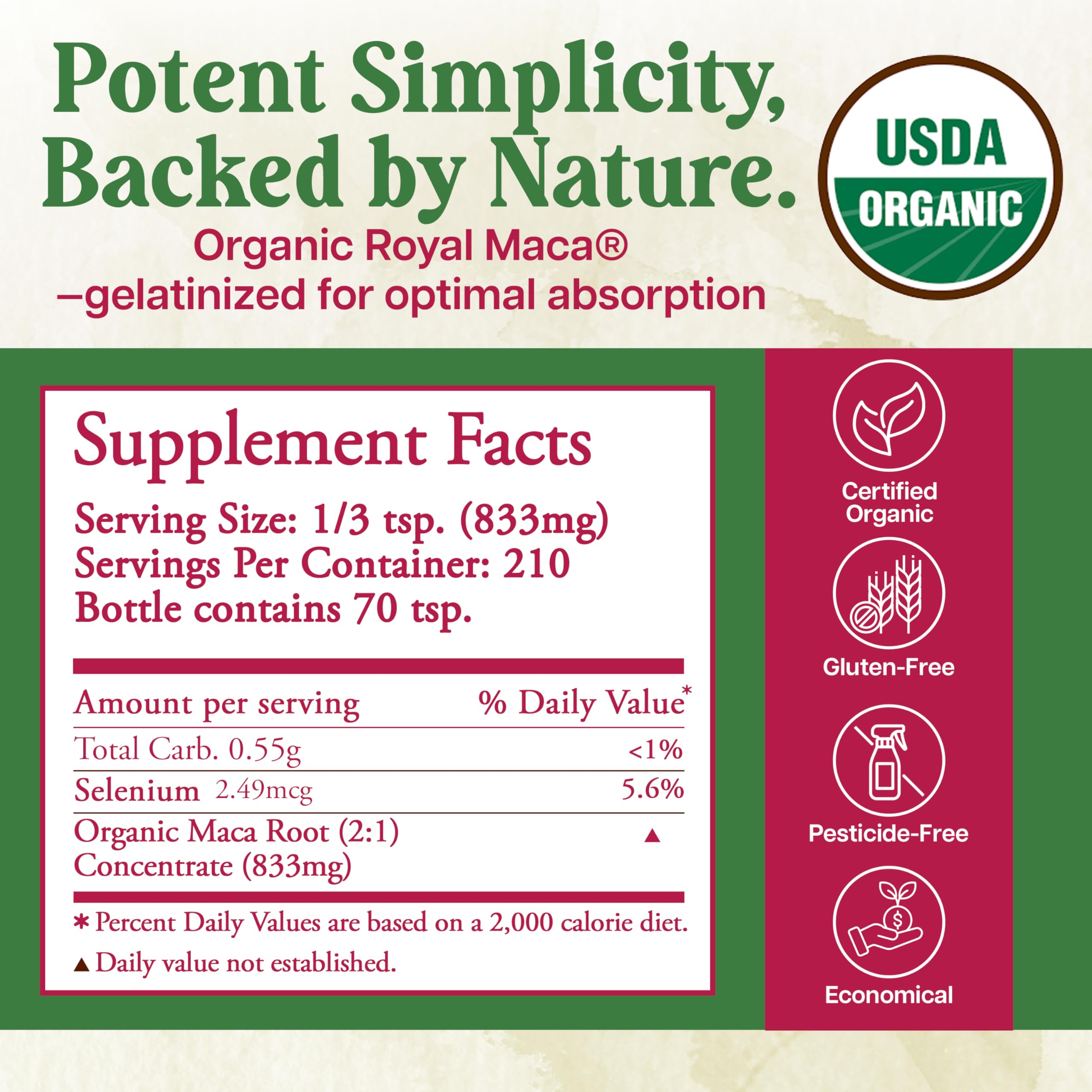 Whole World Botanicals Royal Maca Powder scoop for convenient servings.