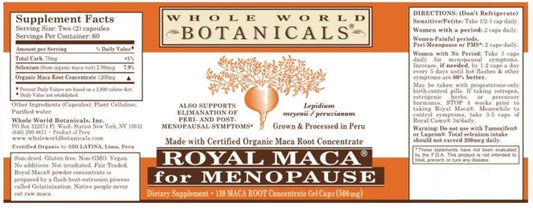 Whole World Royal Maca label highlighting gluten-free non-GMO formulation
