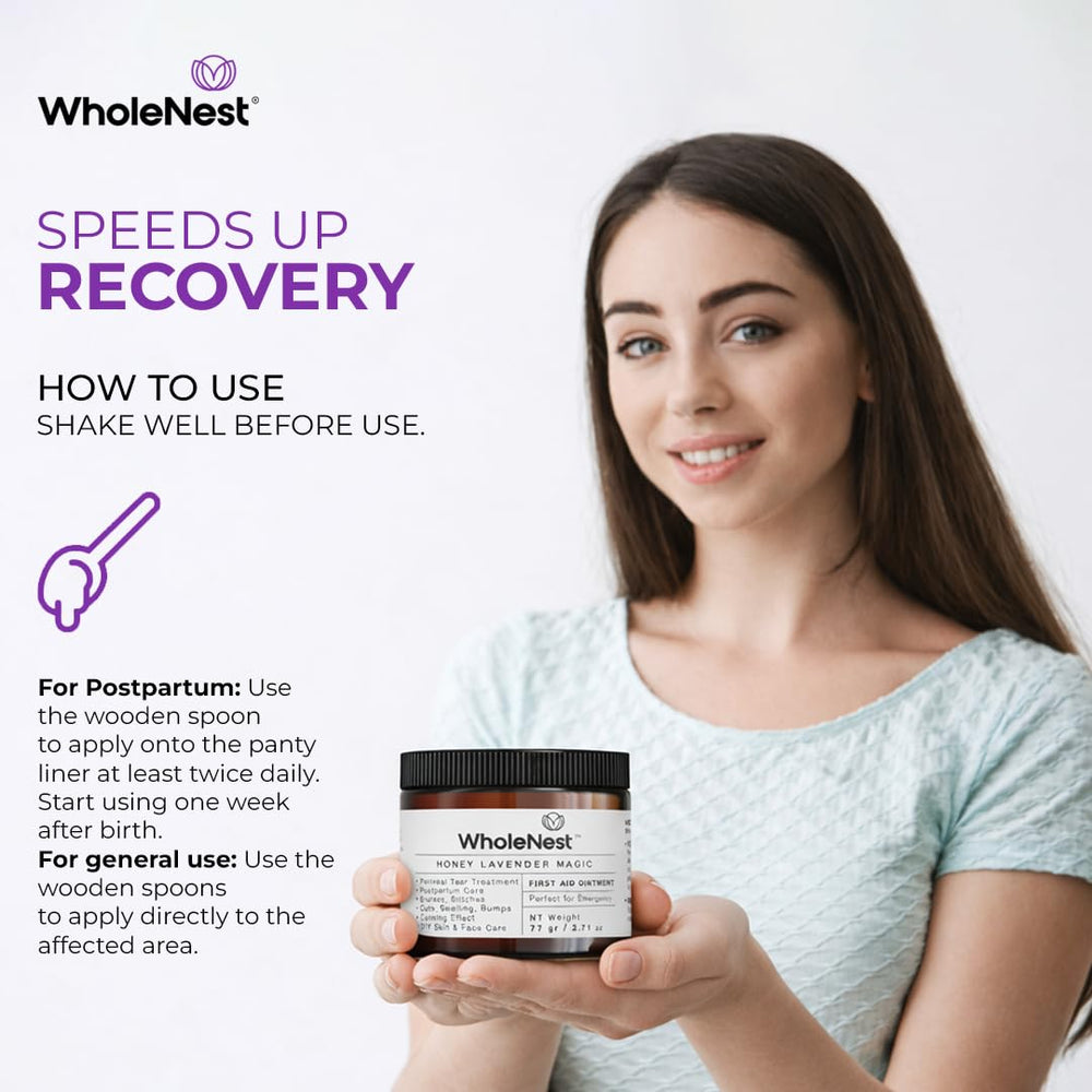 WholeNest Honey Lavender Magic Balm jar moisturizes sensitive skin post-delivery.