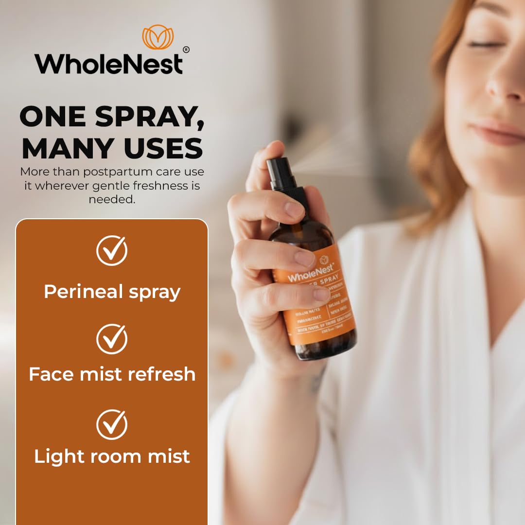 WholeNest Postpartum Essentials Multi-Use Perineal Spray fine-mist for gentle, even refresh.