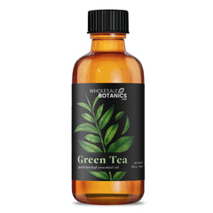 Wholesale Botanics Green Tea Essential Oil label close-up showing purity and quality.
