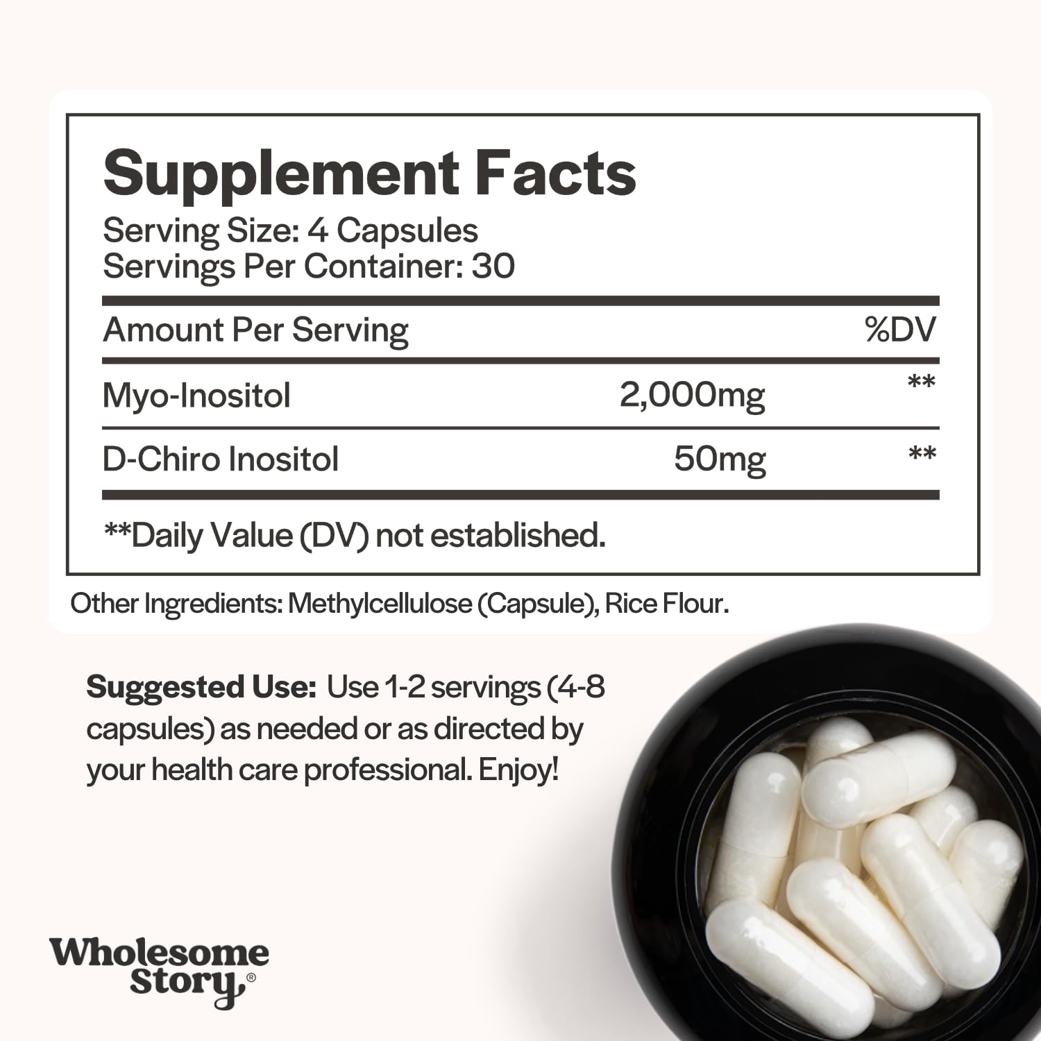 Wholesome Story 40:1 ratio label highlights Myo-Inositol and D-Chiro Inositol content