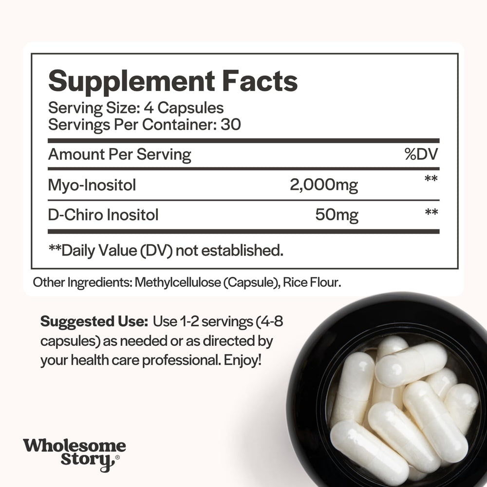 Wholesome Story 40:1 ratio label highlights Myo-Inositol and D-Chiro Inositol content