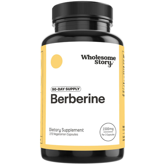 Wholesome Story Berberine bottle showing three capsules for daily use and wellness