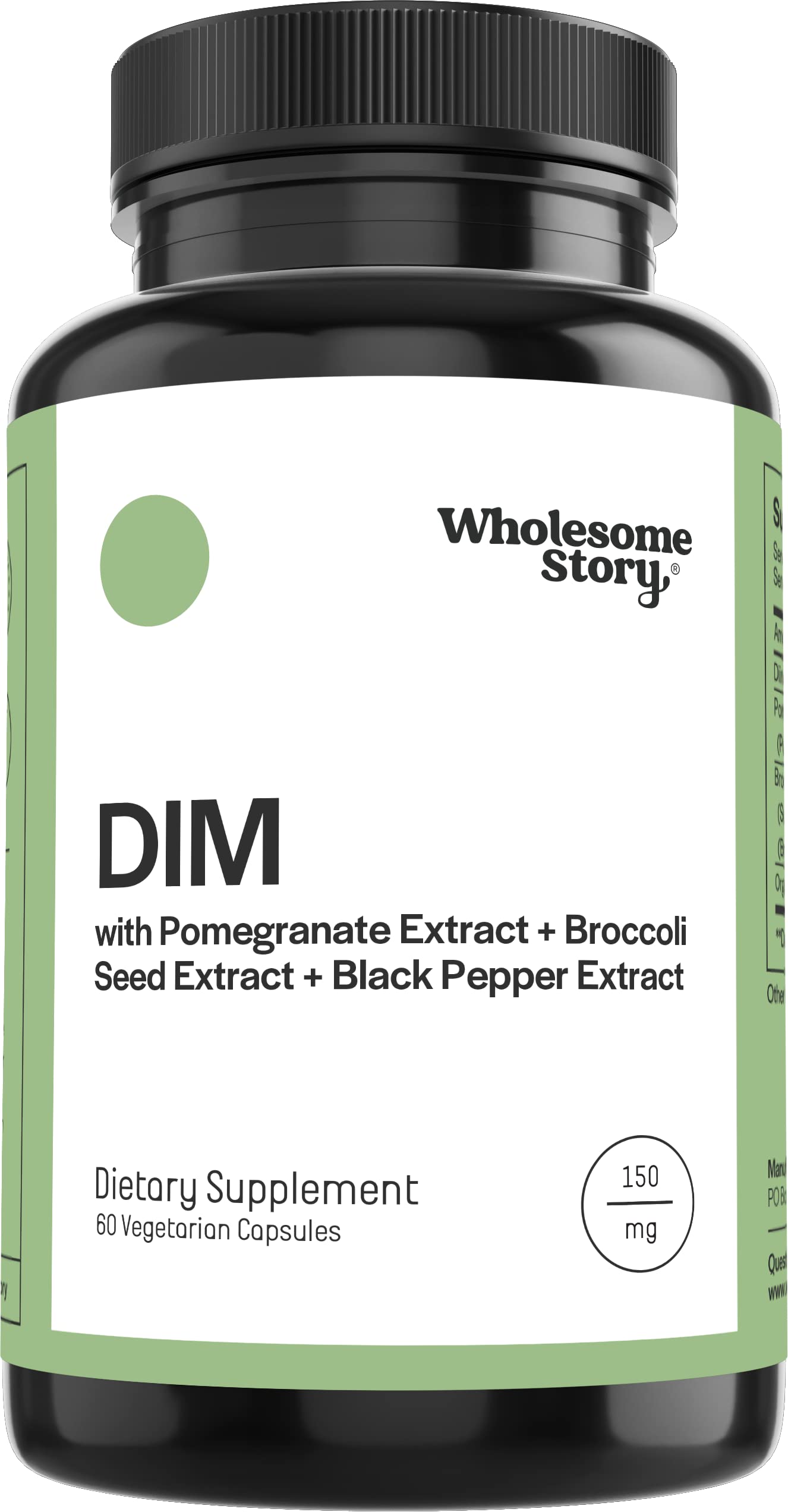 Wholesome Story DIM SGS bottle label highlights a holistic health blend for daily wellness.