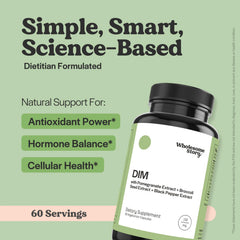 Wholesome Story DIM SGS capsule closeup showing vegan formula for hormone support.