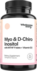 Wholesome Story capsule bottle showing vegan Myo-Inositol and D-Chiro Inositol for hormonal support