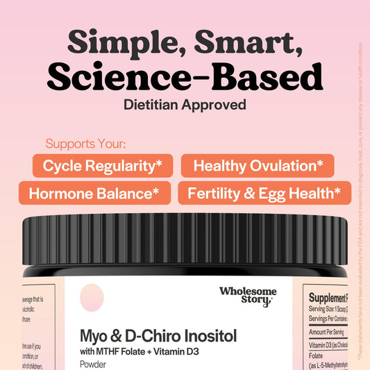 Wholesome Story Myo-Inositol & D-Chiro-Inositol duo in a measuring scoop.