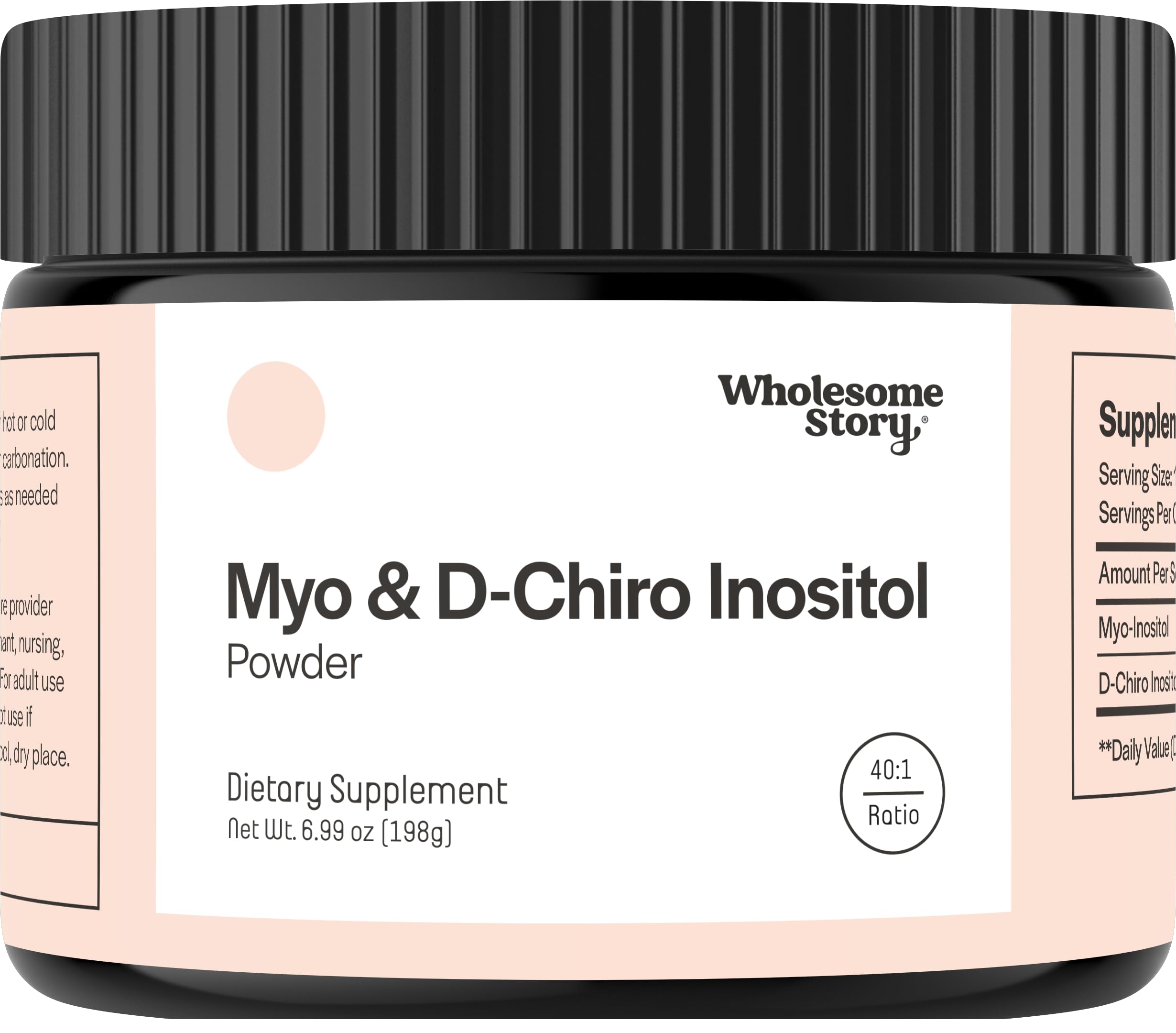Wholesome Story bottle of Myo-Inositol & D-Chiro Inositol powder for easy daily mixing.