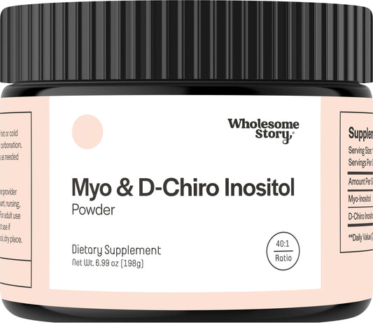 Wholesome Story bottle of Myo-Inositol & D-Chiro Inositol powder for easy daily mixing.