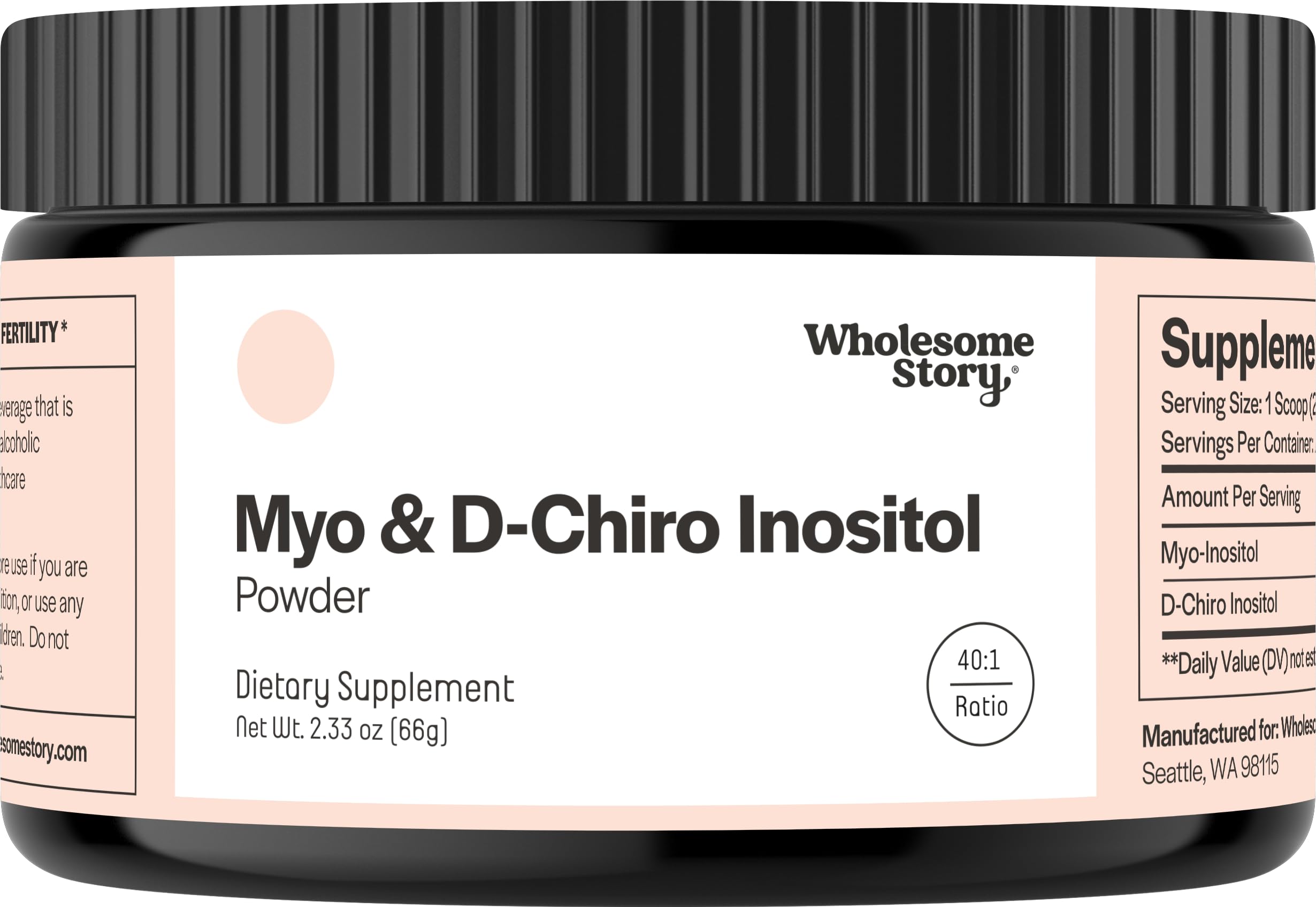 Wholesome Story inositol powder bottle for simple daily mixing in beverages.