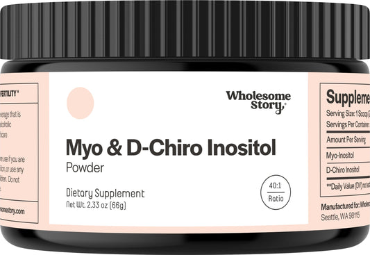Wholesome Story inositol powder bottle for simple daily mixing in beverages.