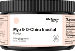 Wholesome Story inositol powder bottle for simple daily mixing in beverages.