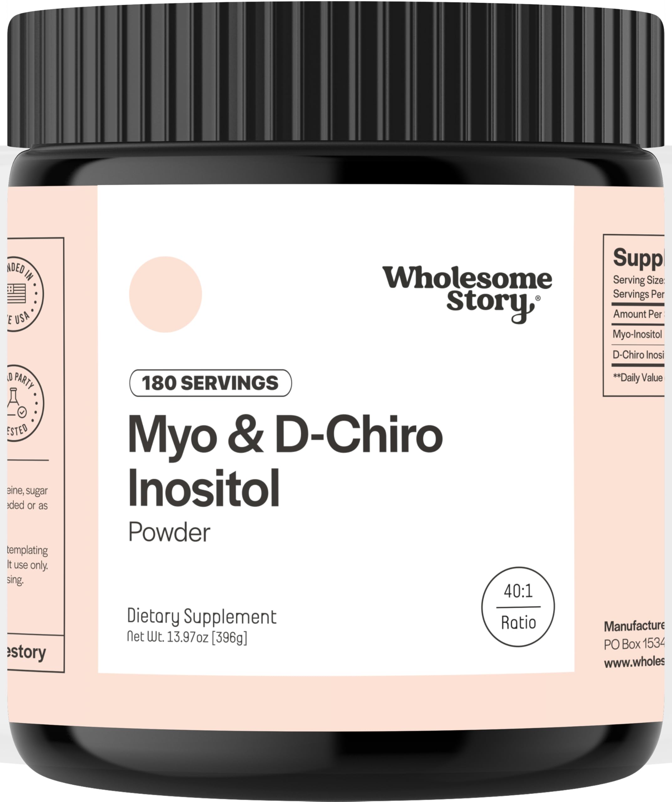 Wholesome Story Myo-Inositol D-Chiro-Inositol powder bottle for easy daily use.