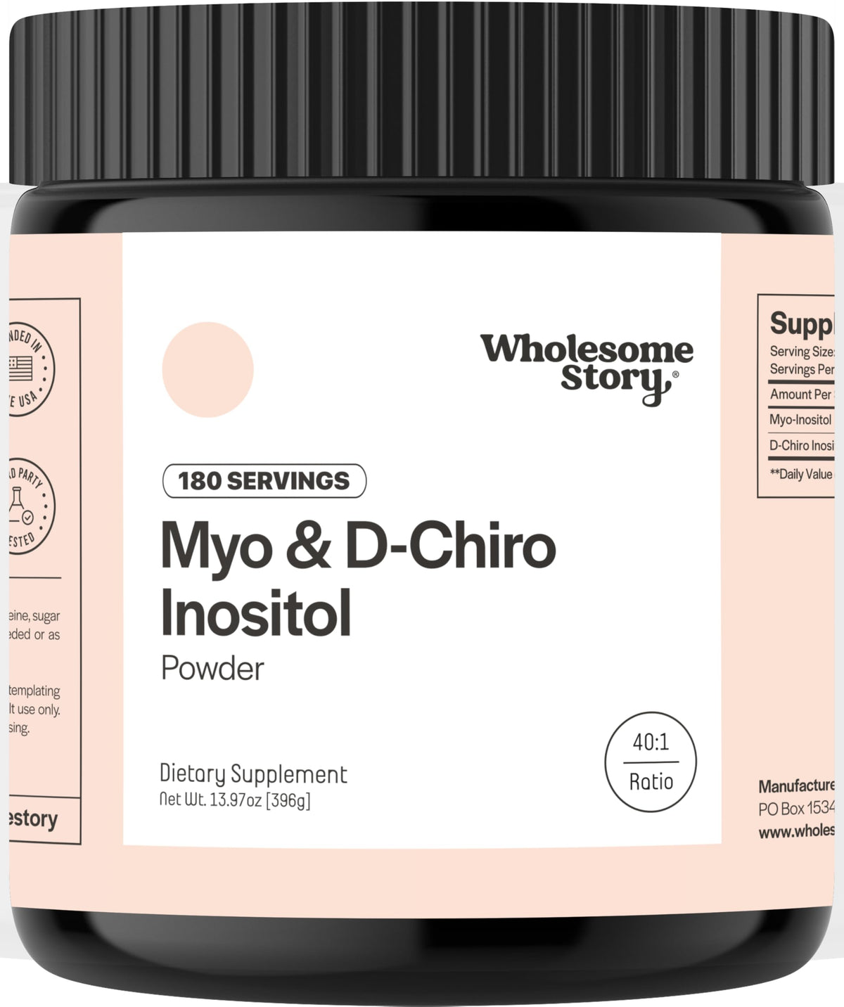 Wholesome Story Myo-Inositol D-Chiro-Inositol powder bottle for easy daily use.