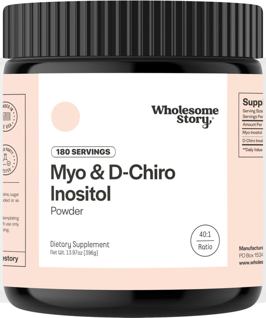 Wholesome Story Myo-Inositol D-Chiro-Inositol powder bottle for easy daily use.